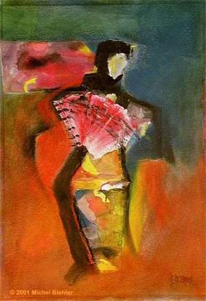 Akkordeonspieler und seiner roten Ziehharmonika, gemalt von Anna Stegmaier / accordéoniste et son accordéon rouge, peints par Anna Stegmaier